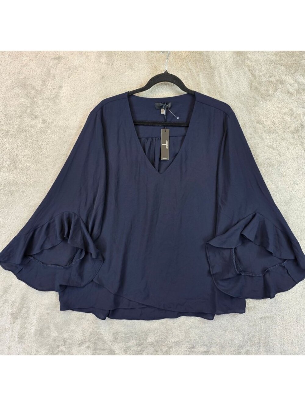 Tahari Blouse Womens 2X Blue 100% Polyester V Neck Ruffle Kimono Sleeve Top